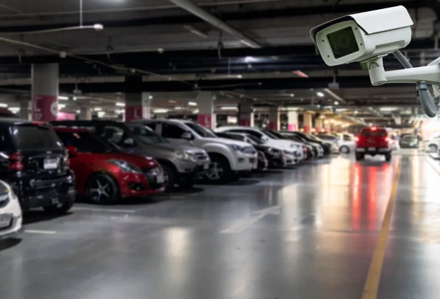 camara de vigiliancia en un parking lleno de coches