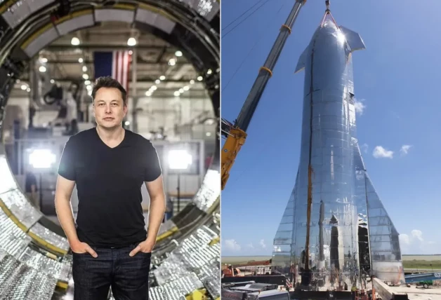 Elon Musk y uno de sus cohetes de SpaceX.