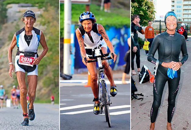 Mujer mayor compitiendo en una triatlón
