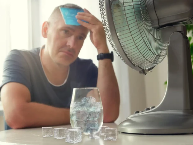 Hombre acalorado sentado delante de un ventilador y un vaso lleno de cubitos de hielo