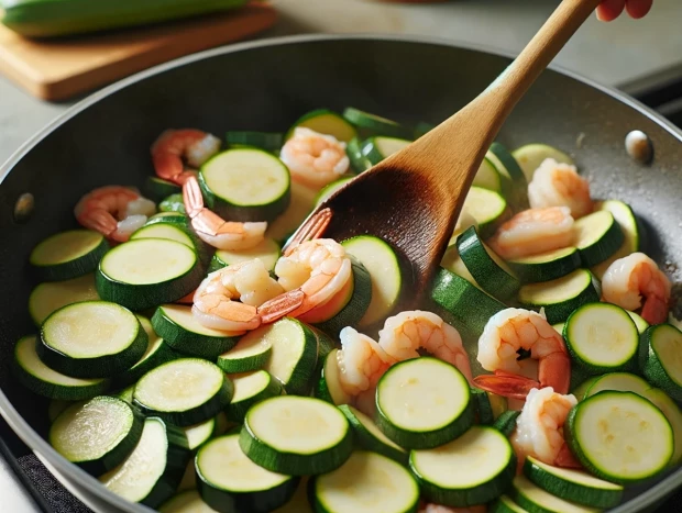 precocinar el calabacín y las gambas