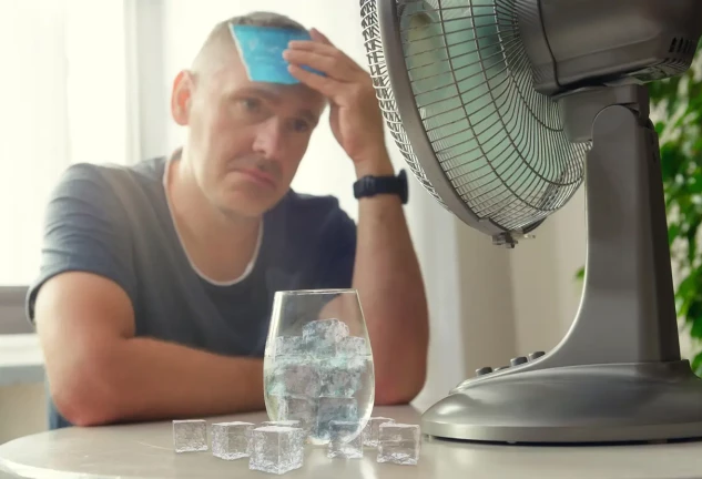 Hombre acalorado sentado delante de un ventilador.