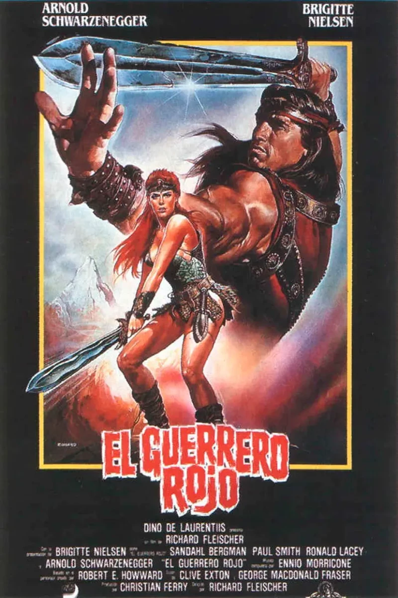 Vikinga Pelirroja. Arriba, cartel de 'El guerrero rojo' con Arnold Schwarzenegger.