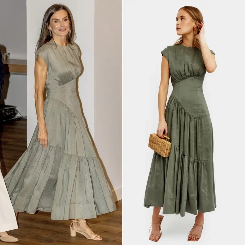 La reina Letizia con un vestido verde de alquiler.