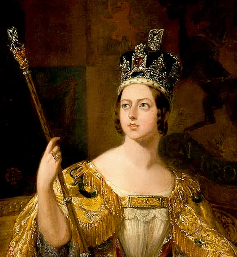 Retrato de la coronación de la reina Victoria de Inlgaterra con el rubí del príncipe negro en la corona.