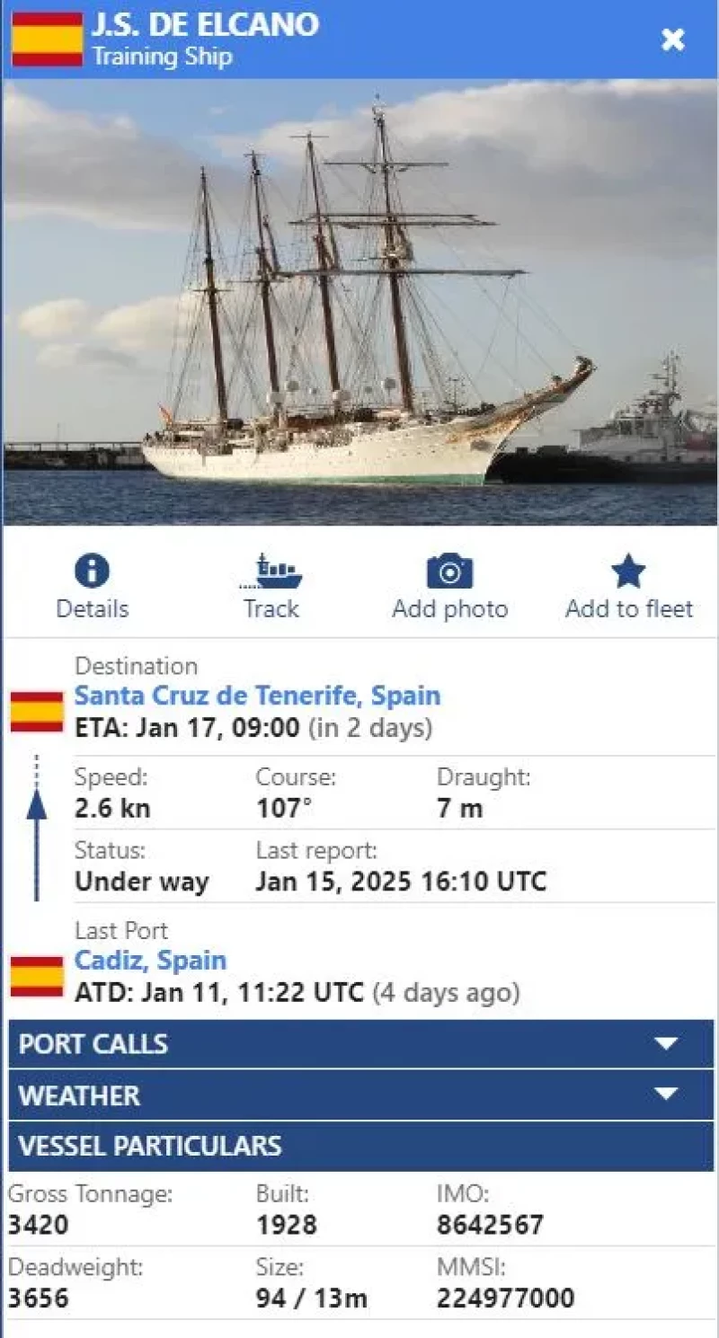 El buque Juan Sebastián Elcano en la web Vesselfinder.