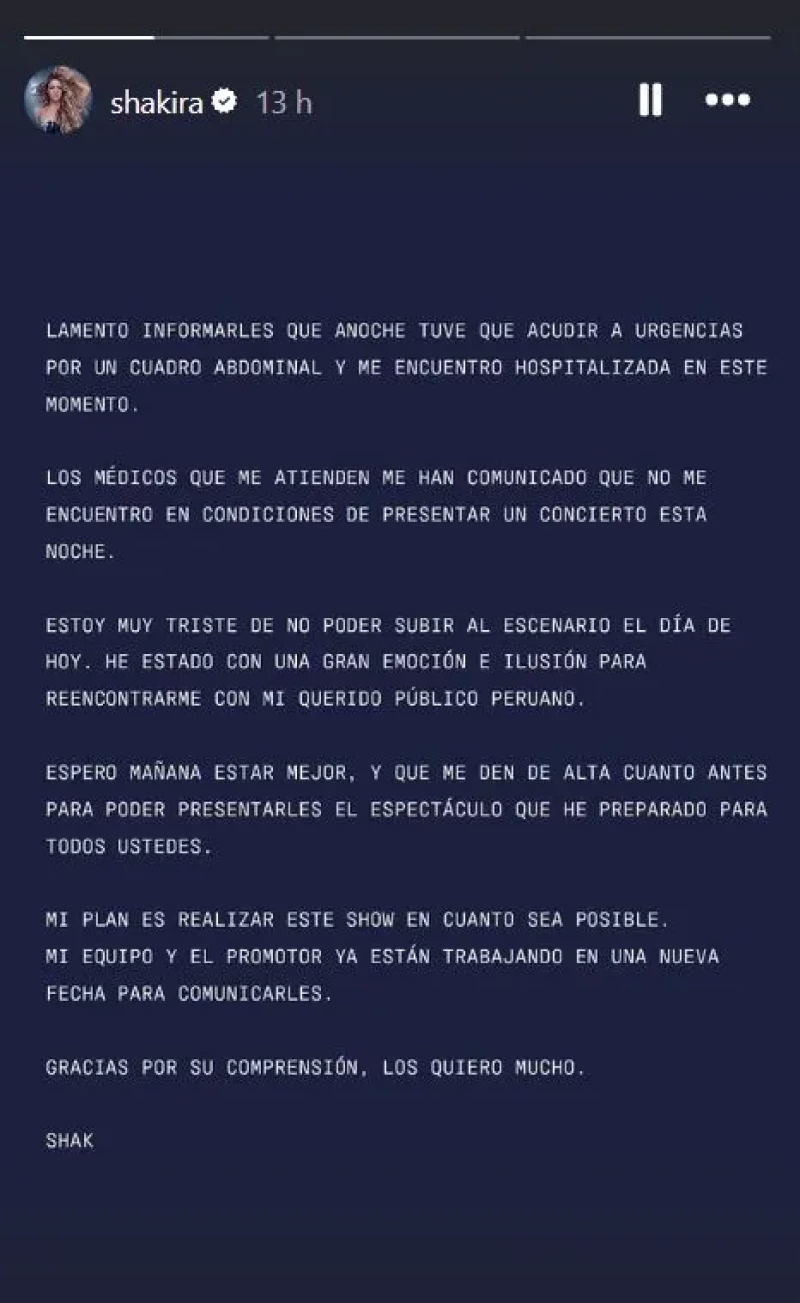 El comunicado de Shakira, hospitalizada en Perú.