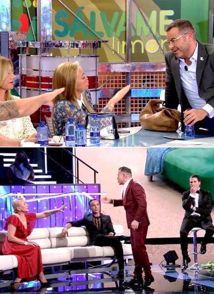 Varios colaboradores e invitados de los programas que presenta Jorge Javier lo acusan de arrogante y de tratar mal a quien no le cae bien. Arriba, discutiendo con Belén Esteban y en su última bronca con Lucía Pariente.