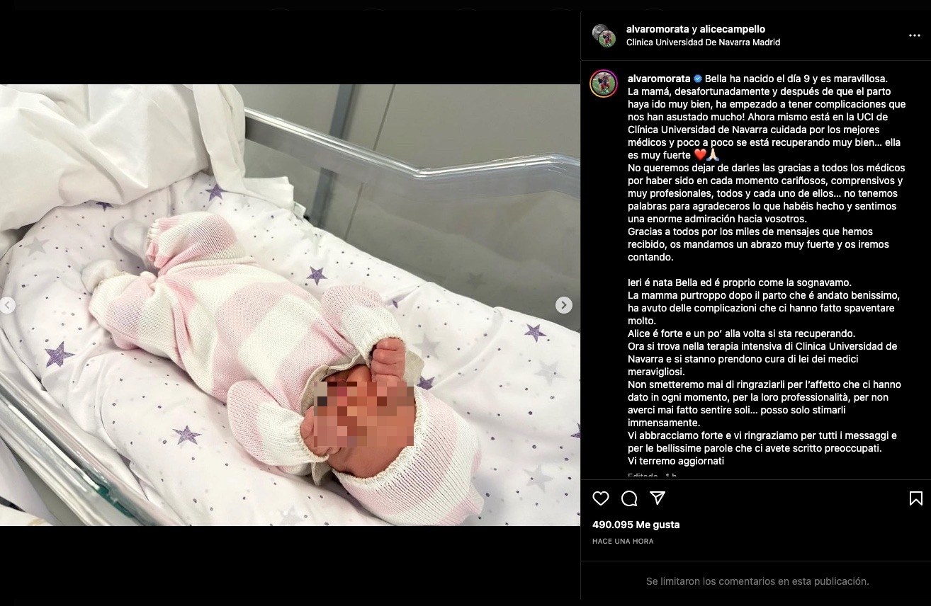 La publicación con la que Álvaro Morata ha anunciado el nacimiento de su hija Bella