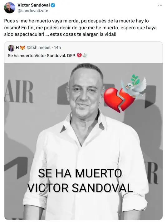 Victor Sandoval reacciona en un tweet a la falsa noticia de su muerte.