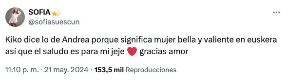 Sofía Suescun defiende a Kiko Jiménez en Twitter (X).