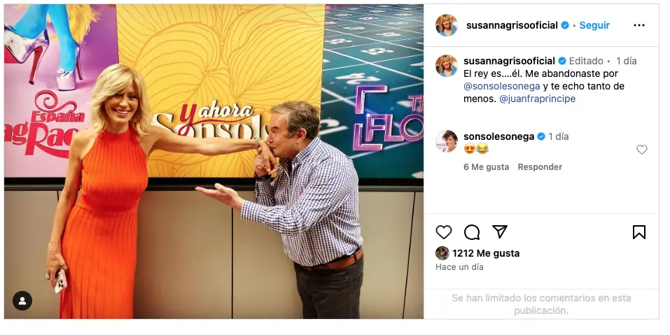 Imagen de Instagram de Susanna Griso con Juanfra Romero, 'Príncipe' y la respuesta de Sonsoles Ónega.