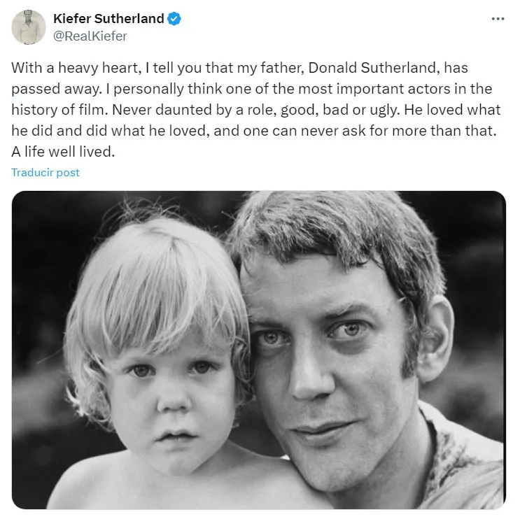 Kiefer Sutherland anuncia en redes la muerte de su padre.