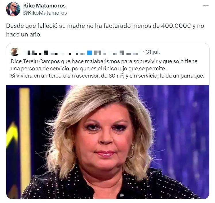 Kiko Matamoros habla en Twitter del dinero de Terelu.