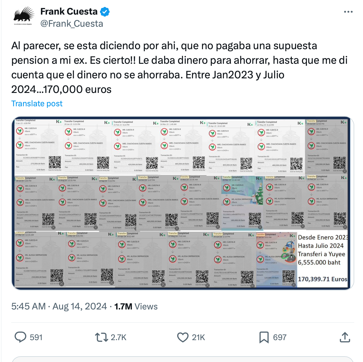 Frank Cuesta ha compartido en redes sus pagos a su ex mujer.