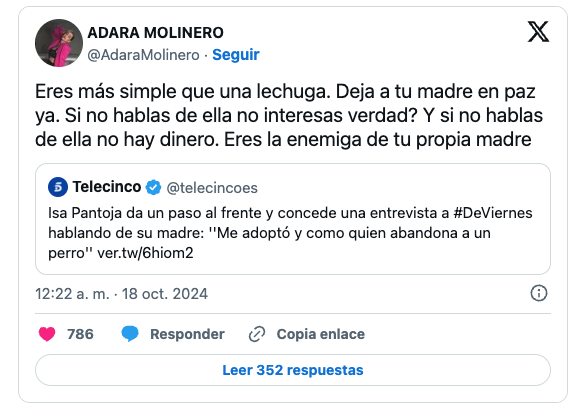 Captura de pantalla del tweet de Adara Molinero.