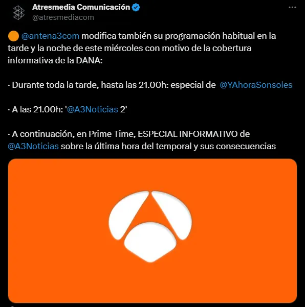 Comunicado de ATRESMEDIA modificando sus emisiones por la DANA