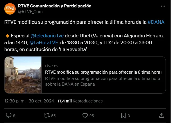 Comunicado de RTVE modificando sus emisiones por la DANA