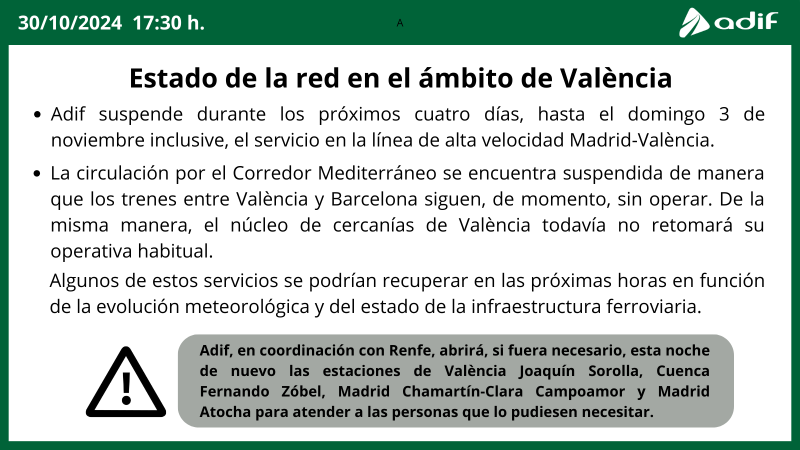 Comunicado de ADIF sobre los trenes de Valencia tras la DANA