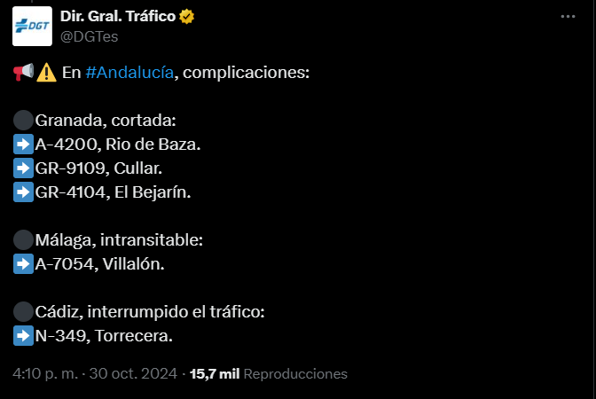 La DGT informa del estado de las carreteras en X.