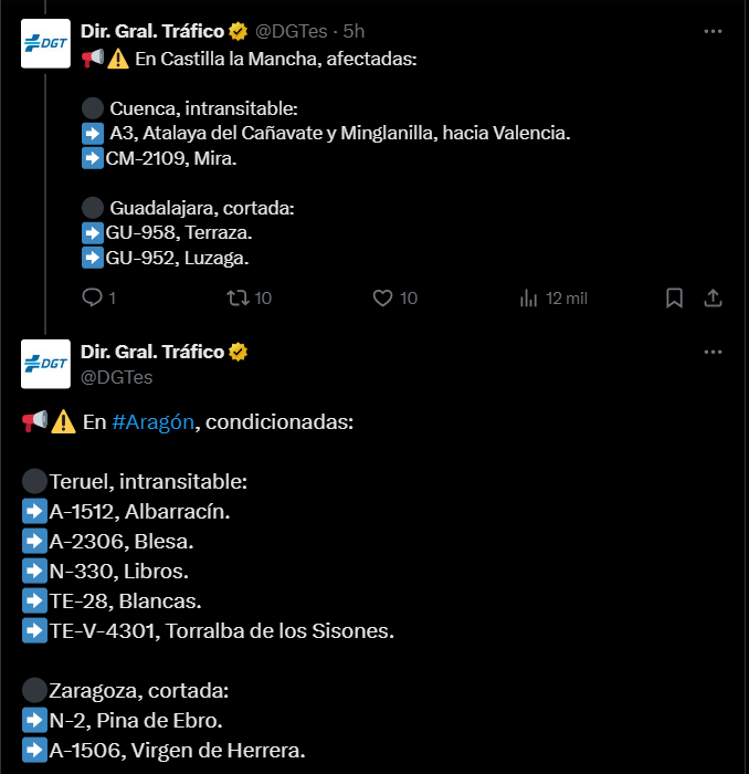La DGT informa del estado de las carreteras en X.