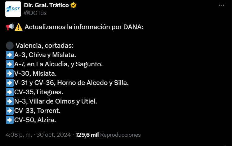 La DGT informa del estado de las carreteras en X.