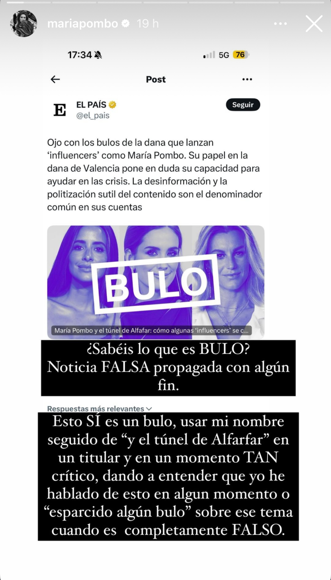 María Pombo acusada de difundir bulos en redes.