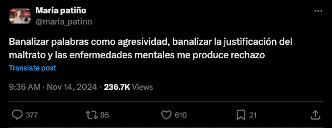 Tweet de María Patiño a la pelea entre Víctor Sandoval y Marta Riesco.