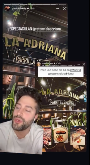 Javier de Hoyos, muestra las dos historias de instagram del mismo restaurante.