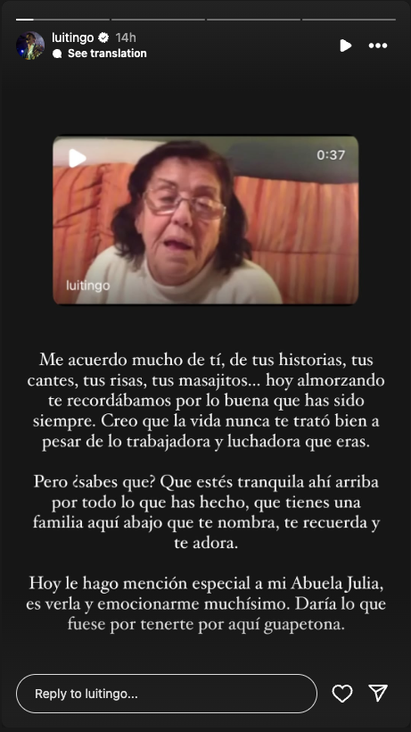 Luitingo recuerda a su abuela Julia con tiernas palabras