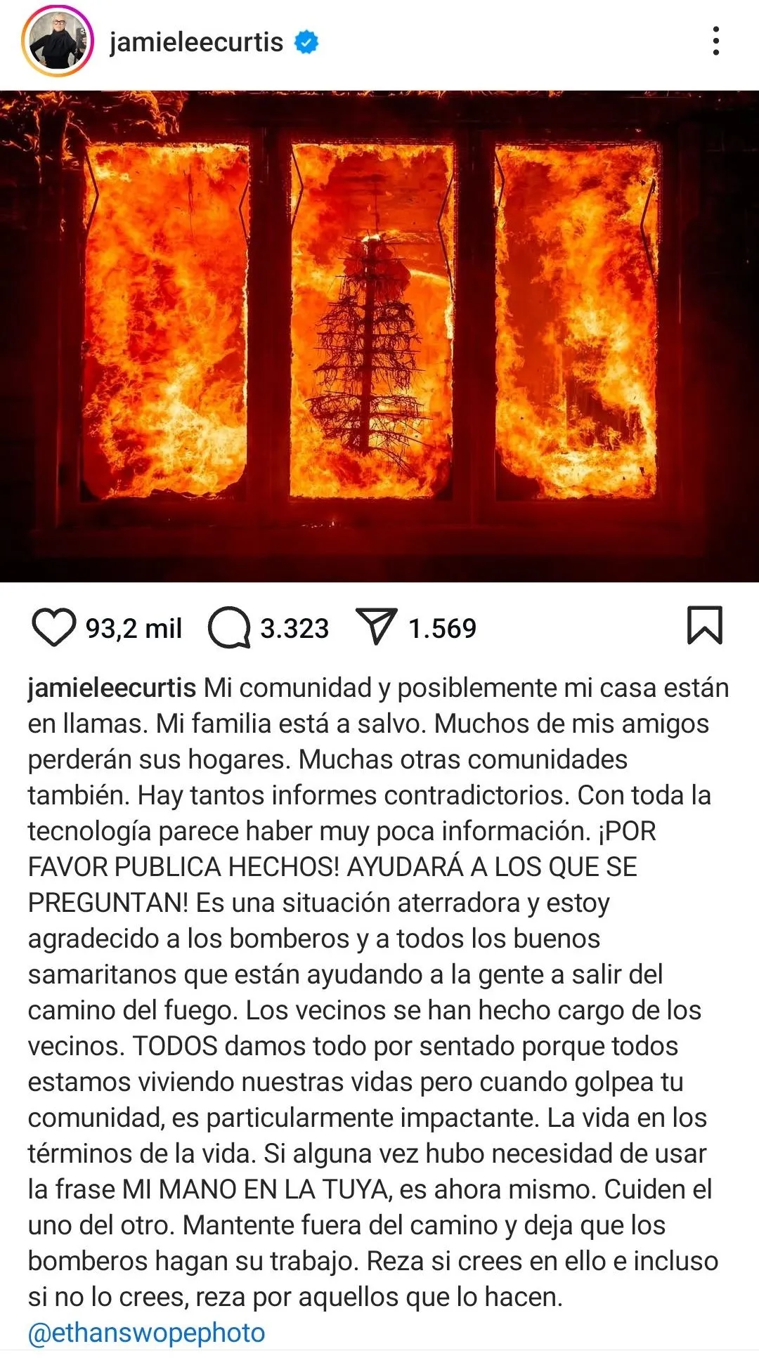 Jamie Lee Curtis comparte información sobre los incendios de California