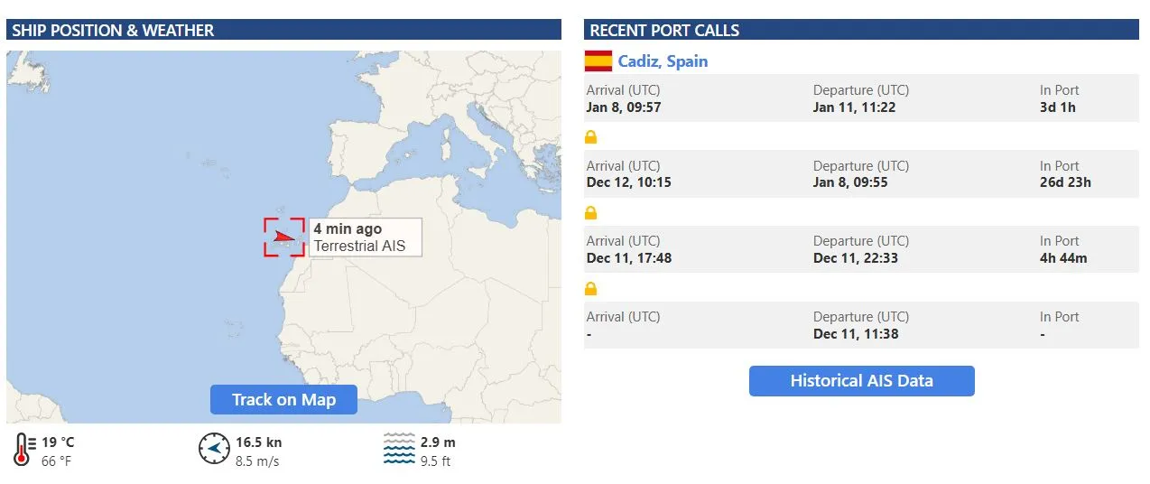 La búsqueda de Elcano en la web Vesselfinder.