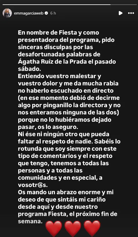 Emma García pide perdón en stories por no frenar un comentario racista de Agatha Ruiz de la Prada en Fiesta