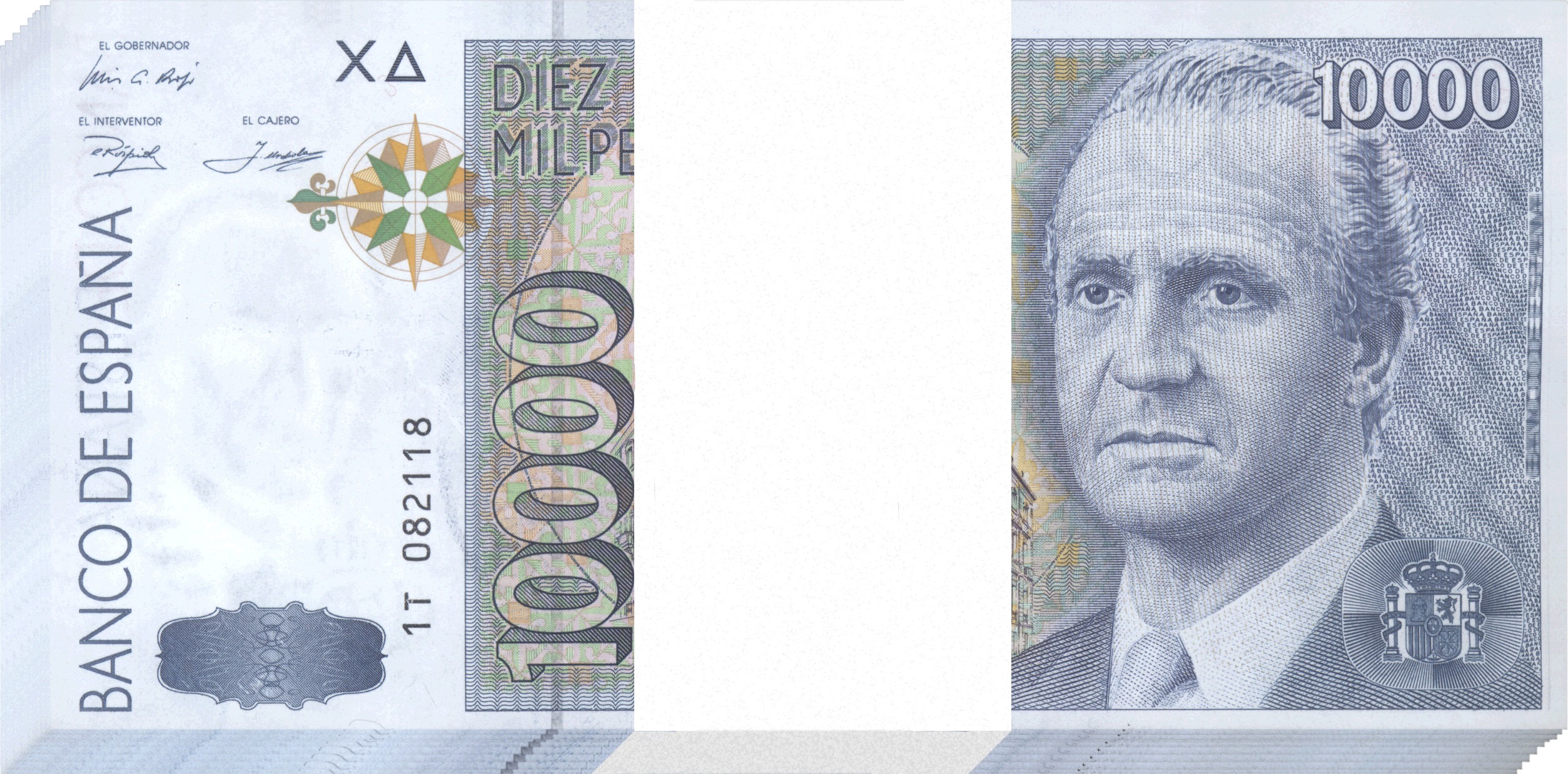 Un fajo de billetes de 10.000 pesetas con la cara de Juan Carlos I.