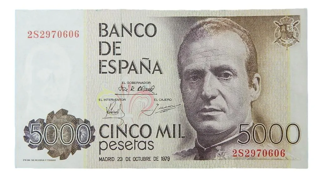 Un billete de 5.000 pesetas con la cara de Juan Carlos I. 
Foto: Monedalia.