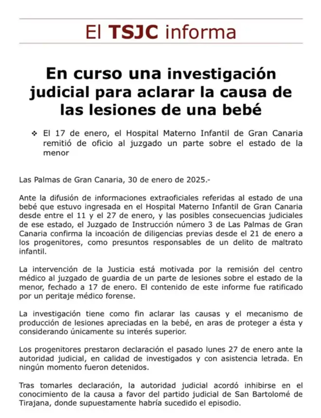 El comunicado de el Tribunal Superior de Justicia de Canarias.