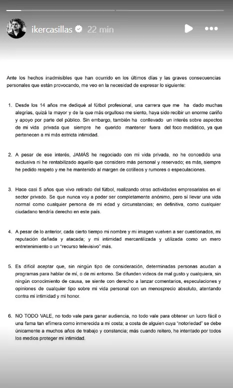 Comunicado de Iker Casillas tras las apariciones en TV de Claudia Bavel