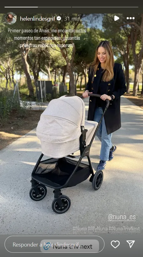 Helen Lindes comparte una imagen del carrito de su bebé en stories