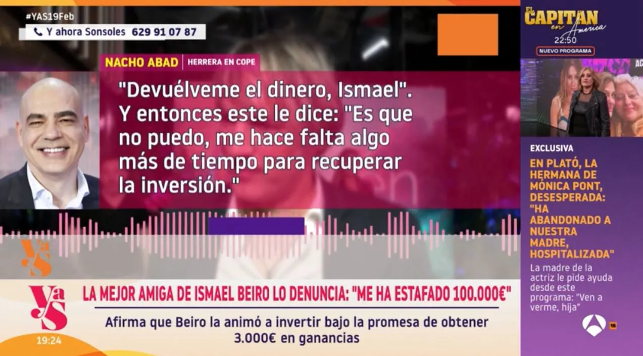 En 'Y ahora Sonsoles' hablan del impago de 100.000 euros de Ismael Beiro.