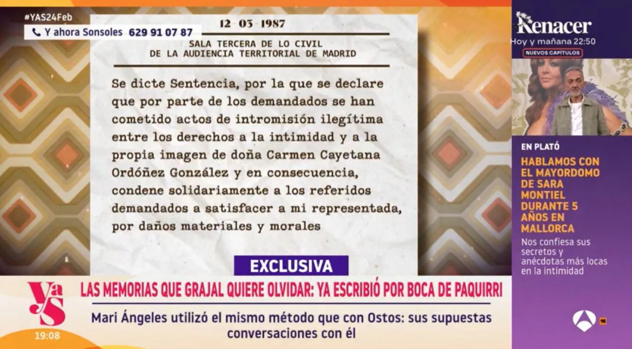 En 'Y ahora, Sonsoles' hablan del enfrentamiento entre Mª Ángeles Grajal y Carmina Ordóñez por las memorias de Paquirri.