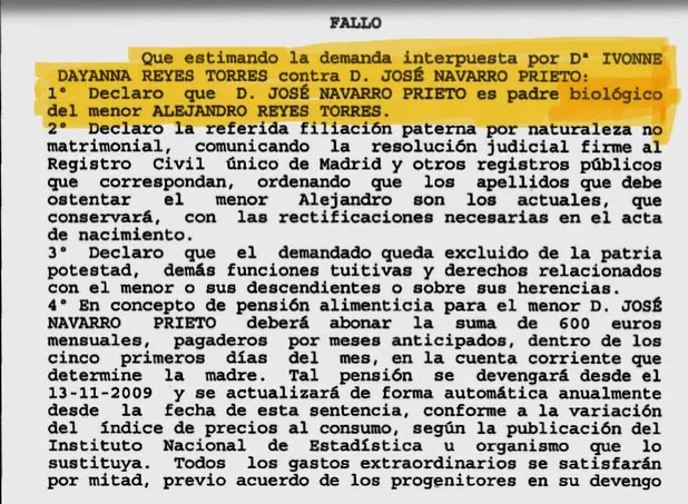 La sentencia que dice que Pepe Navarro es el padre de Alejandro Reyes.