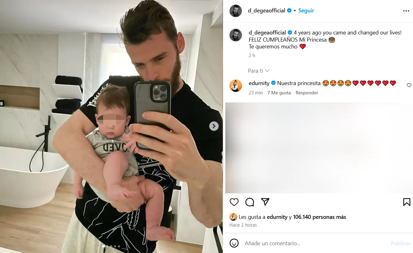 De Gea en la publicación felicitando a su hija Yanay en su 4º cumpleaños