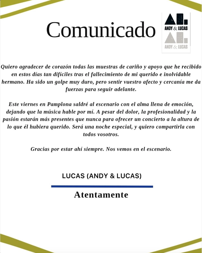 Lucas, de Andy y Lucas, emite un comunicado tras la muerte de su hermano