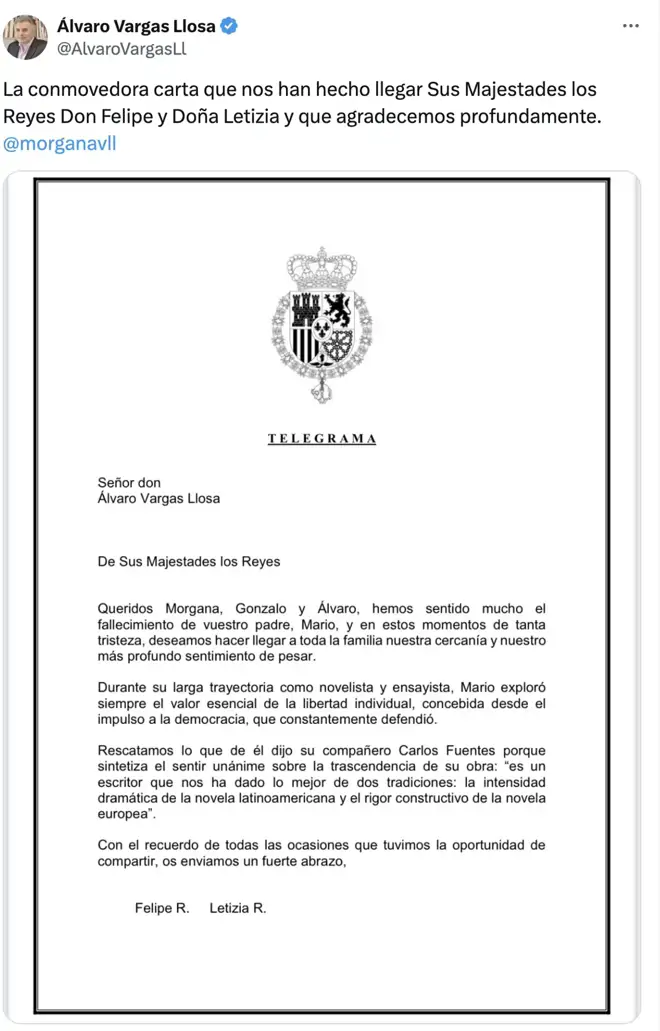 La carta privada que Felipe y Letizia han mandado a los hijos de Mario Vargas Llosa: te la enseñamos completa